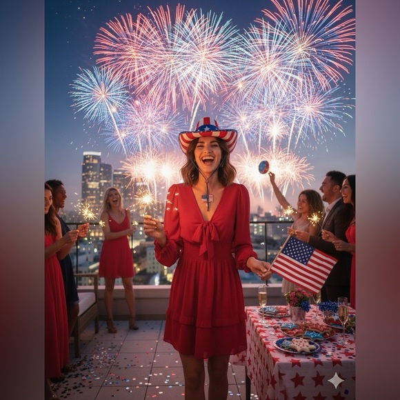 DOKOTOO MINI Red V Neck Front Long Tie Lantern Sleeve Ruffle Dress Size M - Picture 16 of 16